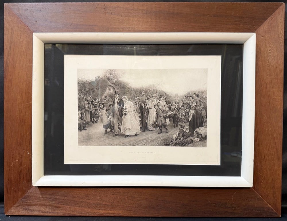 ANTIQUE 1888 SIR LUKE FILDES THE VILLAGE WEDDING VICTORIAN PHOTOGRAVURE BY GEBBIE & CO., 20.5IN x: Offered here is an exceptionally detailed late-19th-century Victorian photogravure of Sir Samuel Luke Fildes’ celebrated masterpiece The Village Wedding, published by Gebbie & Co., Philadelphia,