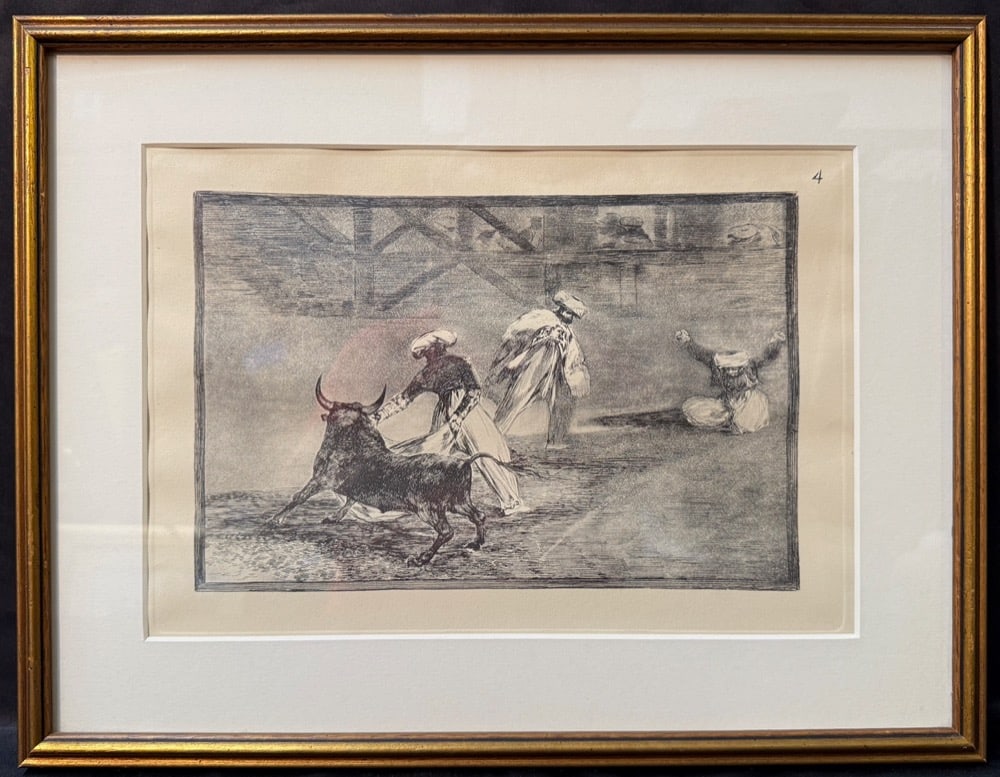 FRANCISCO JOSE DE GOYA Y LUCIENTES (1746-1828) ETCHING TITLED THEY PLAY ANOTHER WITH THE CAPE, 15IN: Etching and aquatint by Spanish artist Francisco Jose de Goya y Lucientes (1746-1828) titled They Play Another with the Cape. It is plate 4 from his series of 33 prints titled La Tauromaquia. The