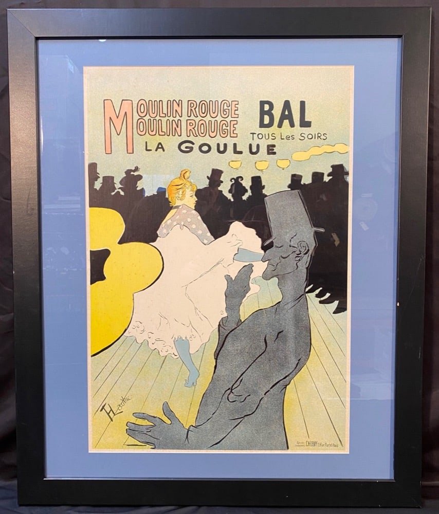 HENRI DE TOULOUSE-LAUTREC (1864-1901) LITHOGRAPH TITLED MOULIN ROUGE, LA GOULUE, 30IN x 36IN (76cm x: Henri de Toulouse-Lautrec (1854-1901) lithograph titled Moilin Rouge, La Goulue, after the original which was produced in the 1891. This piece is matted and framed under glass in a simple black frame,