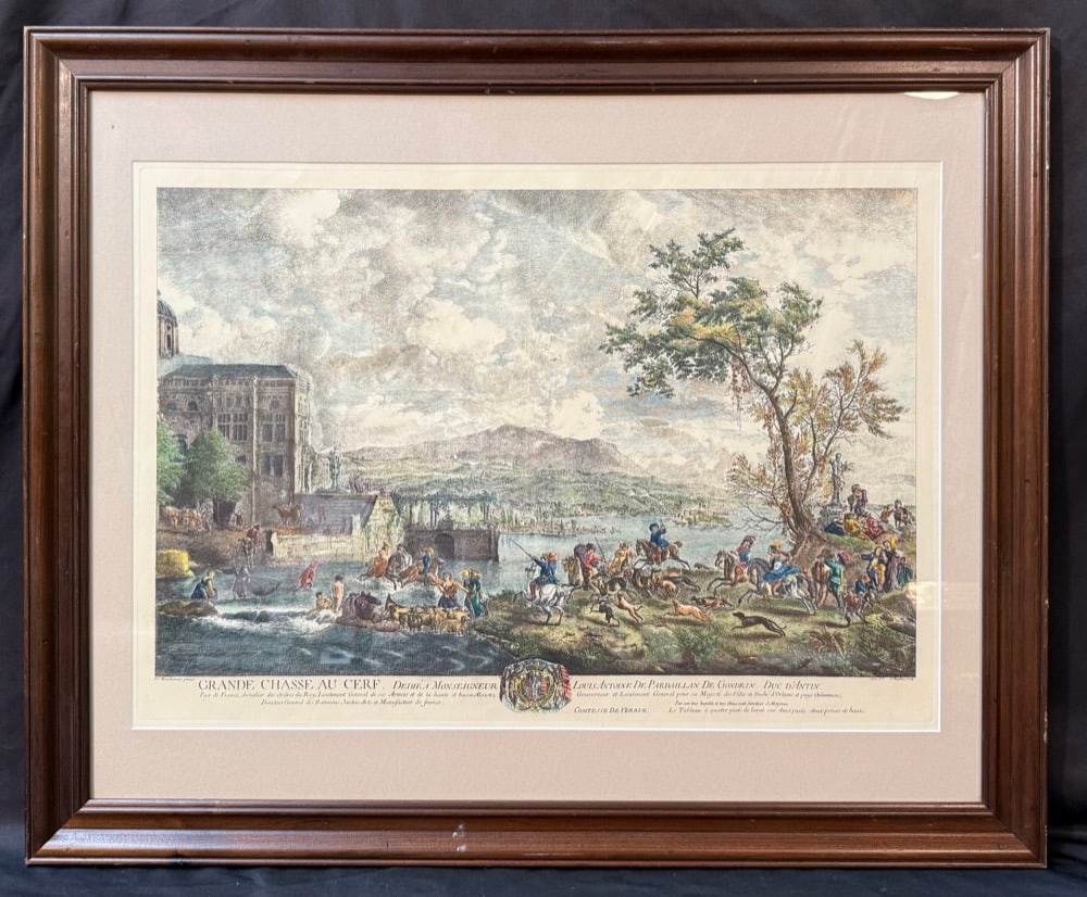 JEAN MOYREAU (1691-1762) ETCHING AND AQUATINT AFTER PHILIP WOUWERMAN TITLED THE GREAT STAG HUNT,: Etching and aquatint with touches of hand coloring on thick wove paper by Jean Moyreau (1691-1762). This piece is after Philips Wouwerman’s (1619-1668) painting titled The Great Stag Hunt. This 