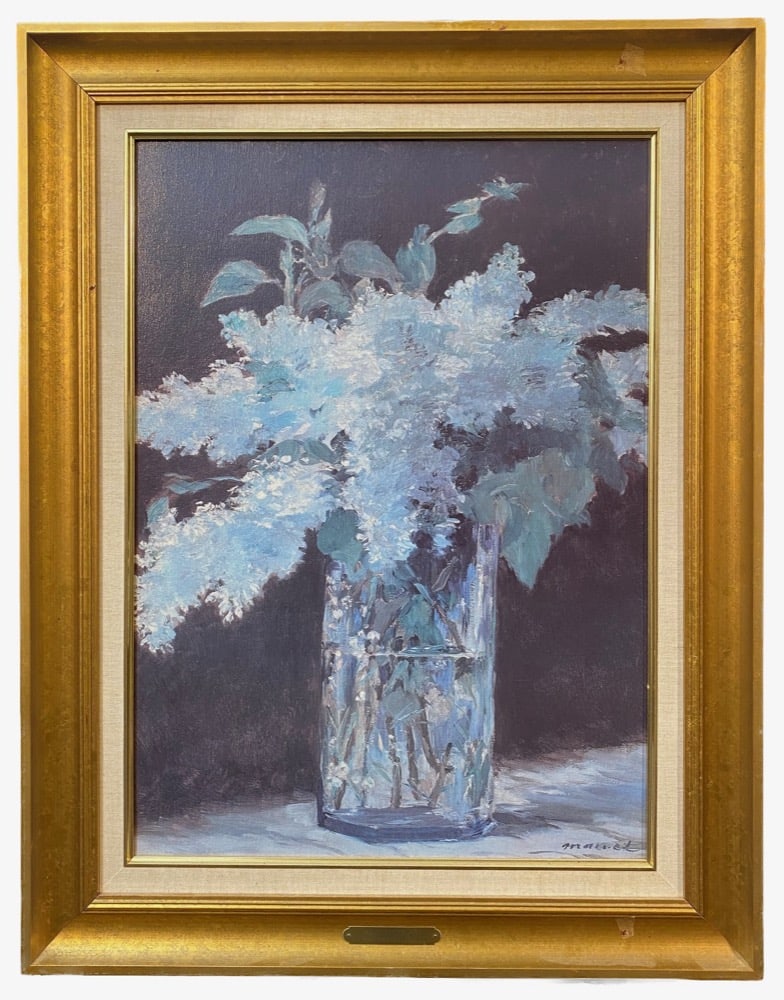 EDOUARD MANET (1832-1883) OIL REPLICA TITLED THE LILAC TUFT, 22IN x 28IN (56cm x 71cm): Edouard Manet (1832-1883) oil replica titled The Lilac Tuft. It is after the original which was painted in 1882. With frame, it measures 22 inches x 28 inches. This lithograph was produced in Connecti