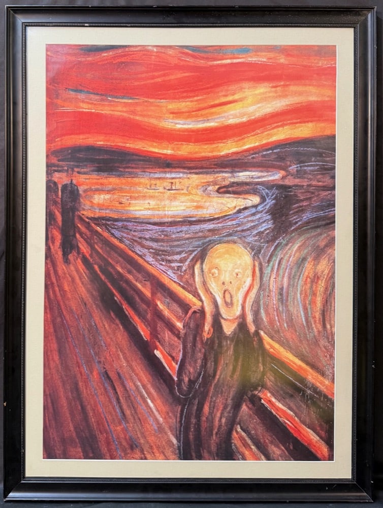 EDVARD MUNCH (1863-1944) LITHOGRAPH TITLED THE SCREAM, 29.5IN x 40IN (75cm x 102cm): Edvard Munch (1863-1944) lithograph titled The Scream. This is after the original which was painted in 1893 and is part of the collection at the National Museum of Norway. Munch recalled that he had b