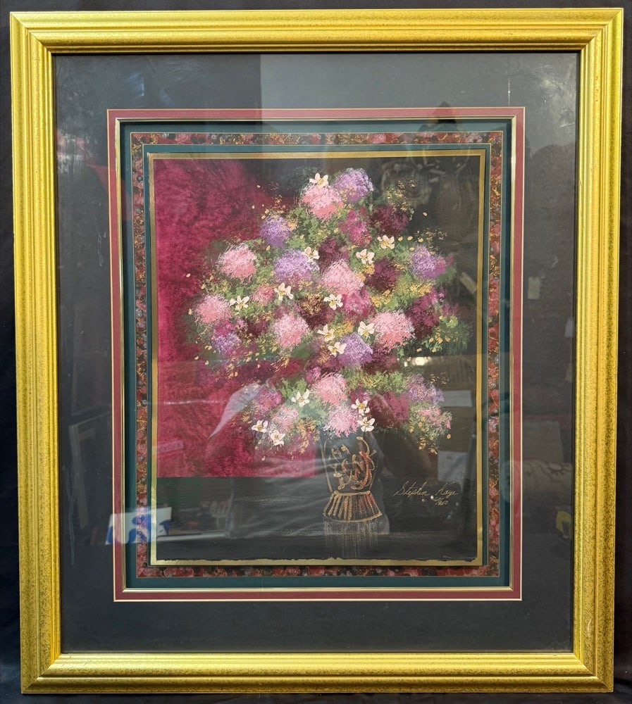 STEPHEN KAYE (20TH CENTURY) HAND SIGNED, LIMITED EDITION TEXTURED, FLORAL PRINT, 30IN x 34IN (76cm x: Limited edition, hand signed abstract floral textured print by Canadian artist Stephen Kaye (20TH Century). This piece is hand signed in golden marker in the lower right corner, and it was produced on