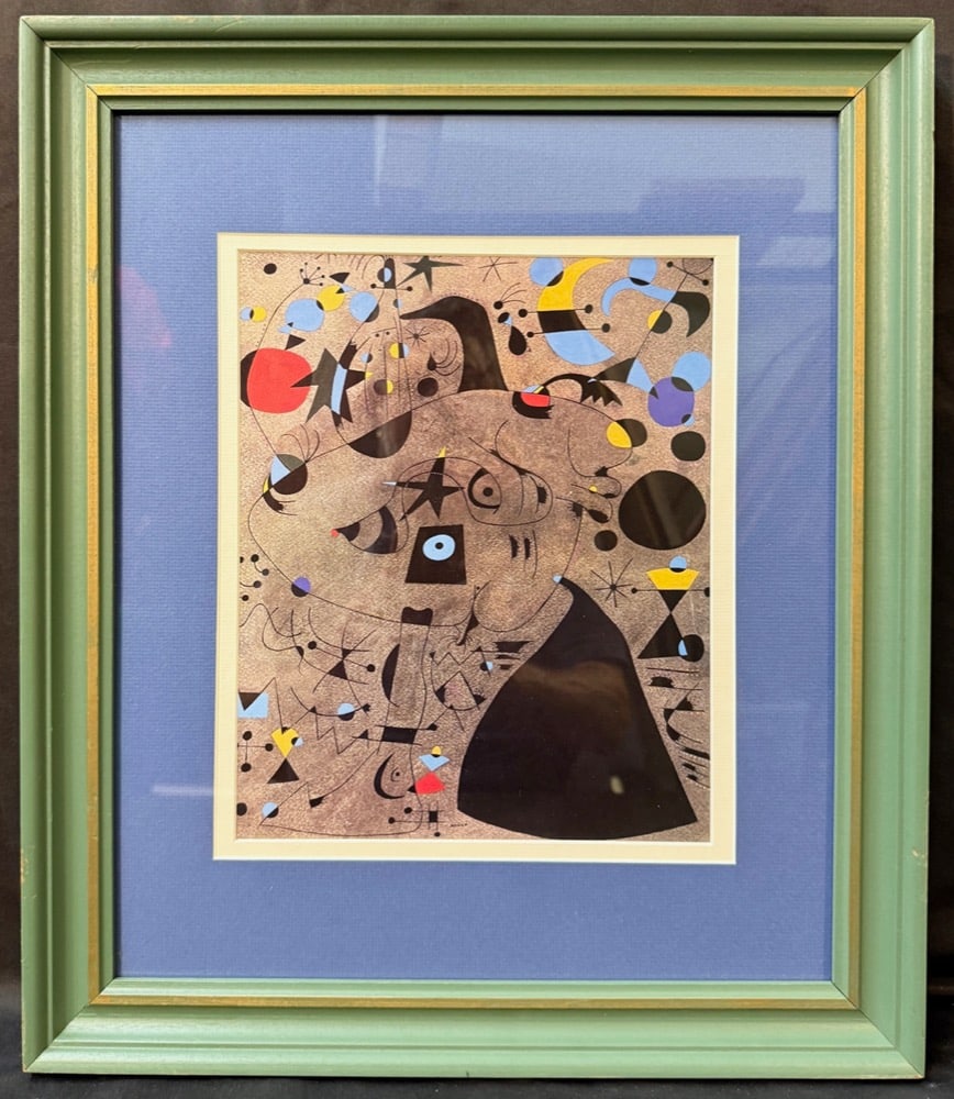 JOAN MIRO (1893-1983) LITHOGRAPH TITLED WOMASN IN THE NIGHT, 18IN x 21IN (46cm x 53cm): Lithograph by celebrated Spanish artist Joan Miro (1893-1983) titled Femme dans la nuit (Woman in the Night) and is part of Miro’s Constellations Series. This piece is after the original which w