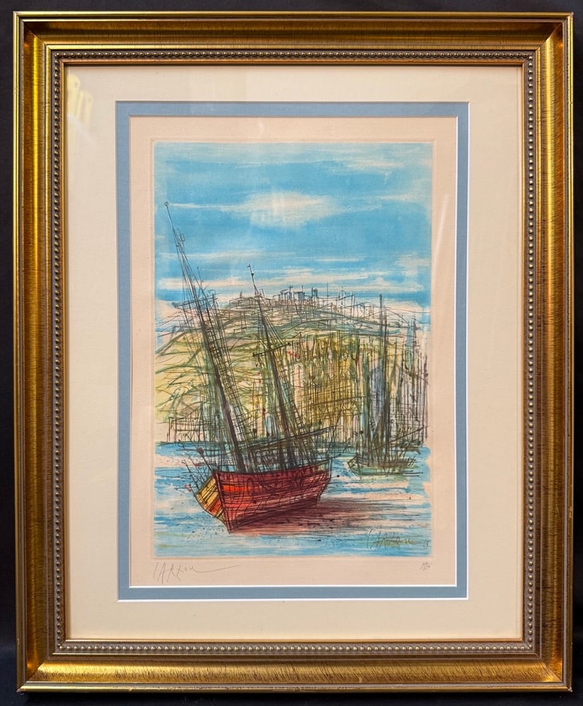 NORMAN CARTON (1908-1980) SIGNED, LIMITED-EDITION COLOR LITHOGRAPH TITLED HARBOR SCENE OR EN: A vibrant and highly collectible signed color lithograph by noted American modernist Norman Carton, depicting a picturesque harbor scene in Brittany, France. Executed in Carton's distinctive expressiv