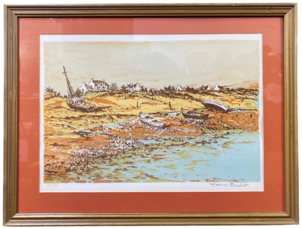 MAURICE BUFFET (1909-2000) LIMITED EDITION, HAND SIGNED LITHOGRAPH TITLED BOATS AT LOW TIDE WITH: Maurice Buffet (French 1909 - 2000) original limited edition, color lithograph titled Boats at Low Tide. This piece was produced in the 1970s, and it is hand signed in pencil in the lower right. It is