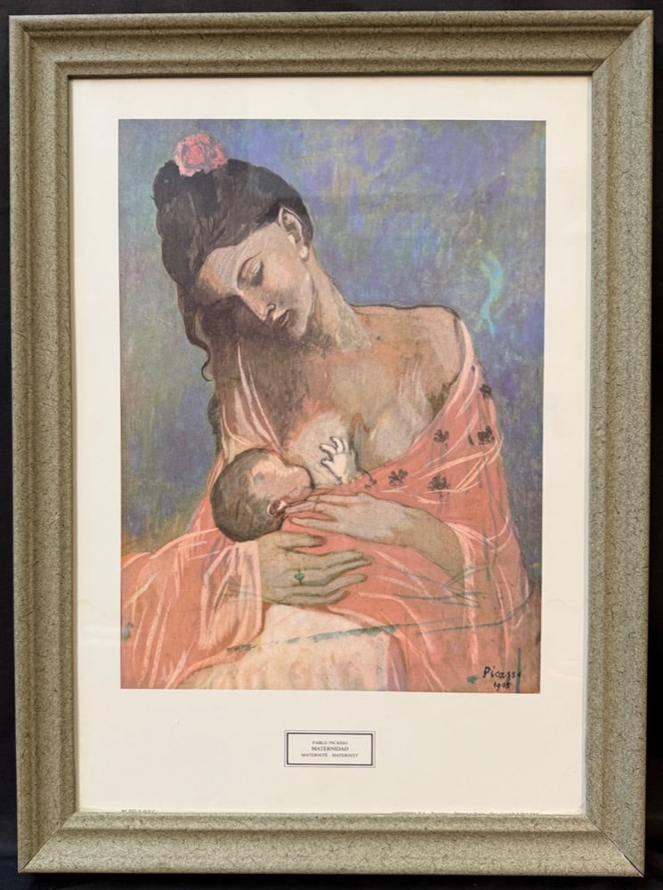 AFTER PABLO PICASSO (1881-1973) LITHOGRAPH TITLED MATERNIDAD, 17IN x 22.5IN (43cm x 57cm): After Pablo Picasso (1881-1973) lithograph titled Maternidad, after the original which was painted in 1905. This piece is matted and framed under glass in a green frame. With frame, it measures 17 inc