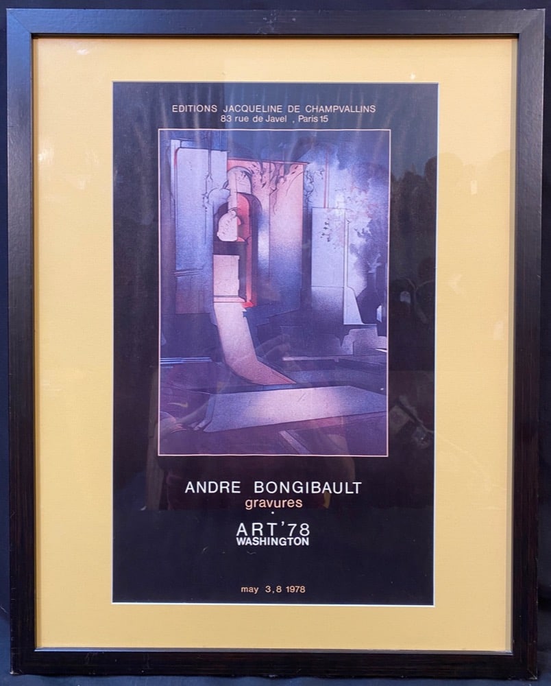 ANDRE BONGIBAULT (1945) ORIGINAL EXHIBITION POSTER FOR HIS GRAVURES AT ART ?78 WASHINGTON, 21.5IN x: Andre Bongibault (1945) original exhibition poster for his gravures at Art ’78 in Washington. This exhibition poster was produced in 1978 for the 1978 exhibition. With frame, it measures 21.5 in