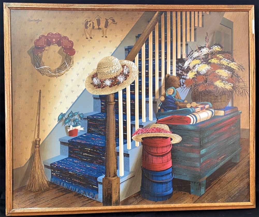 H. HUNTINGTON (20th CENTURY) ORIGINAL OIL ON CANVAS FOLK ART PAINTING ? 39 IN x 47 IN: Original oil on canvas folk art painting by artist H. Huntington. This is an original oil painting showing a country house interior, and it came from a Virginia estate. It measures 39 inches x 47 inch