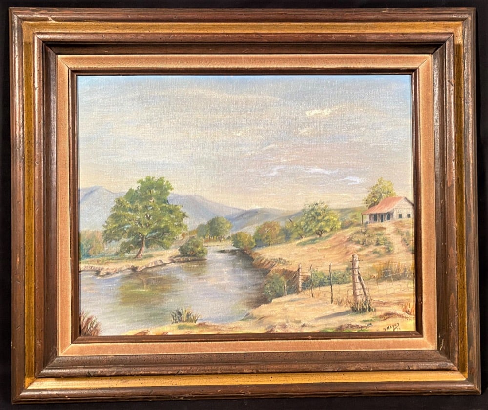 S. HAYES ORIGINAL ACRYLIC ON CANVAS LANDSCAPE ? 21 IN x 25 IN: Original acrylic on canvas by artist S. Hayes showing a house in the country in front of a lake. This painting is mounted and framed, and it is signed by the artist. It measures 21 inches x 25 inches.