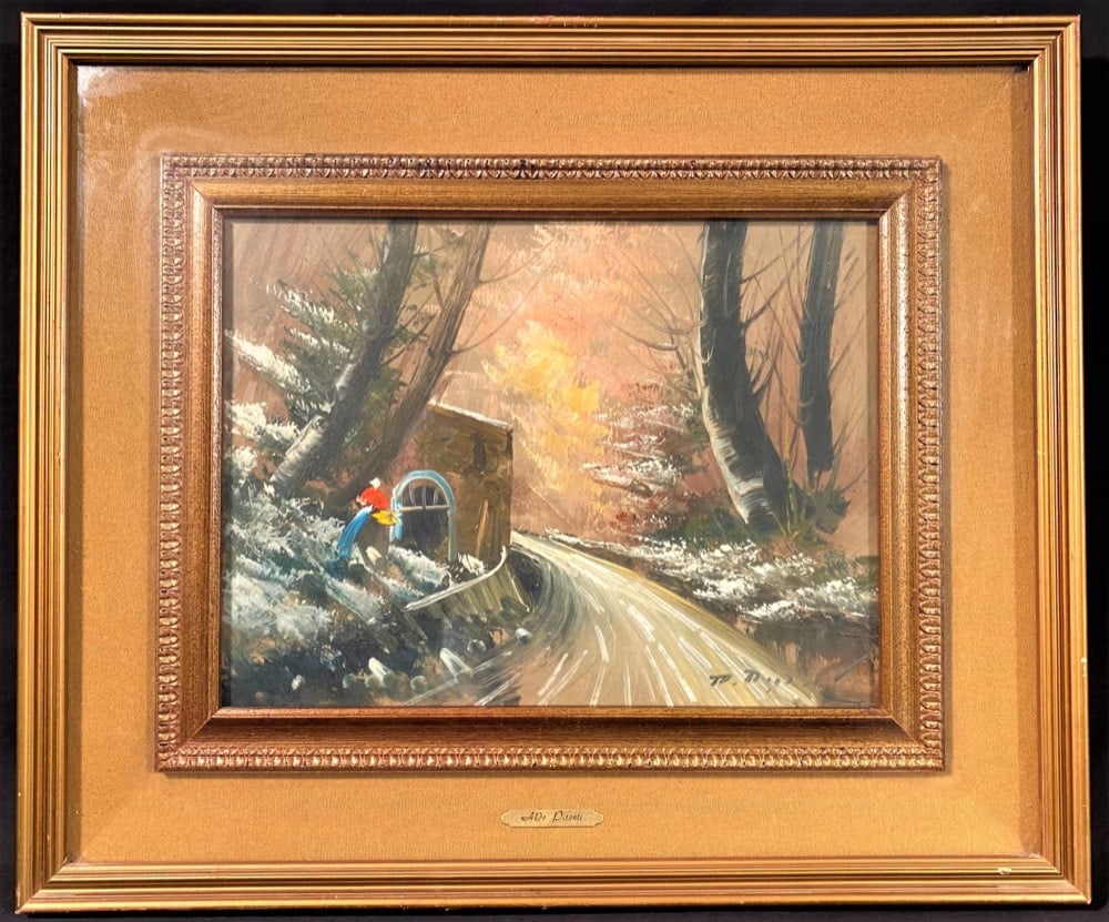 ALDO PIRONTI (20th CENTURY) ORIGINAL OIL ON PANEL LANDSCAPE FRAMED PAINTING MEASURES 20 IN x 24 IN: Original oil on panel by celebrated Italian artist Aldo Pironti. This is an original oil on panel showing a country road with a small cottage and person, and it came from a Virginia estate. It measure