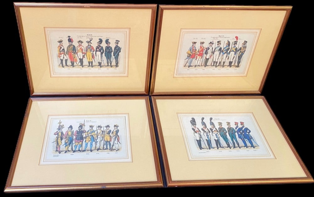 18TH AND 19TH CENTURY WURTTEMBERG UNIFORM ENGRAVINGS BY LEO IGNAZ VON STADLINGER, 14.5IN x 17in: Four color plate prints by Leo Ignaz Von Stadlinger titled 18th and 19th Century Wurttemberg Uniforms. This is part of his History of the Wurttemberg Military System series, and these were produced in