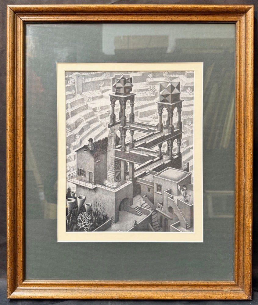 M.C. ESCHER (1898?1972) ICONIC 1961 SURREALIST IMAGE TITLED WATERFALL BY CORDON ART, BAARN HOLLAND, (1 of 5)
