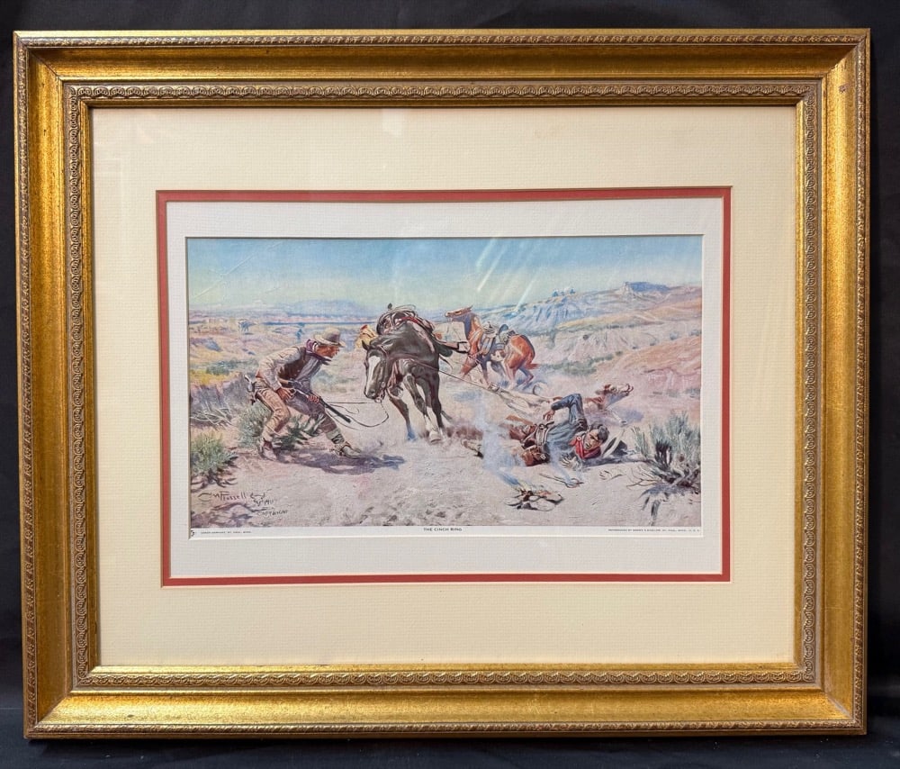CHARLES MARION RUSSELL (1864-1926) AUTHORIZED PRINT TITLED THE CINCH RING, 20IN x 24IN (51cm x 61cm): A classic and highly recognizable Western scene after the original painting by Charles Marion Russell, widely regarded as the foremost visual chronicler of the American frontier. The Cinch Ring&#