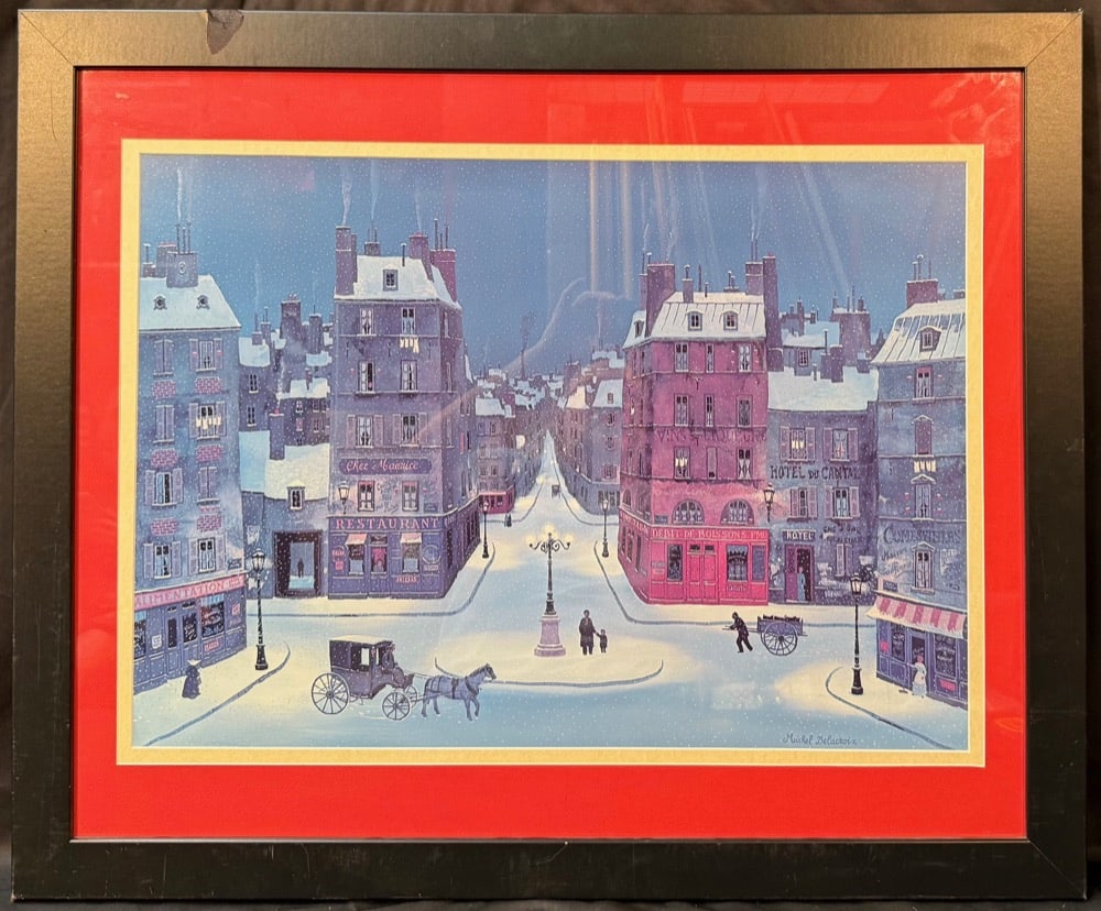 MICHEL DELACROIX (1933) LITHOGRAPH ON BOARD TITLED NUIT DE DECEMBRE, 29.5IN x 35.5IN (75cm x 90cm): Michel Delacroix (1933) lithograph on board titled Nuit de Decembre, after the original which was painted in the 1970s. With frame, it measures 29.5 inches x 35.5 inches. It is double matted and frame