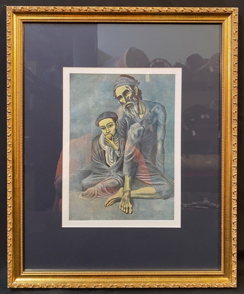 AFTER PABLO PICASSO (1881-1973) LITHOGRAPH TITLED OLD BLIND MAN WITH BOY, 18IN x 22IN (46cm x 56cm): After Pablo Picasso (1881-1973) lithograph titled Old Blind Man with Boy. It is after the original which was painted in 1903 and hangs in Pushkin Museum in Moscow. This piece was produced in the Sovie