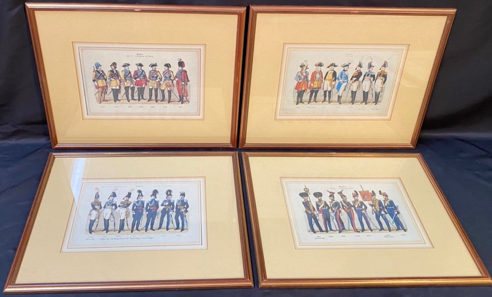 18TH AND 19TH CENTURY WURTTEMBERG UNIFORM ENGRAVINGS BY LEO IGNAZ VON STADLINGER, 14.5IN x 17in: Four color plate prints by Leo Ignaz Von Stadlinger titled 18th and 19th Century Wurttemberg Uniforms. This is part of his History of the Wurttemberg Military System series, and these were produced in