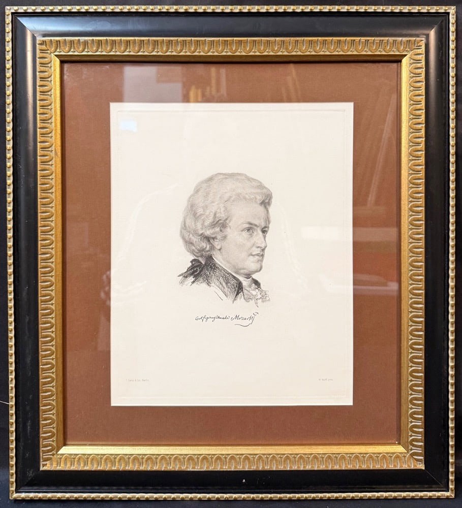 ANTIQUE WOLFGANG AMADEUS MOZART PORTRAIT ENGRAVING BY F. SALA AND CO., BERLIN, AFTER M. WULFF, (1 of 8)