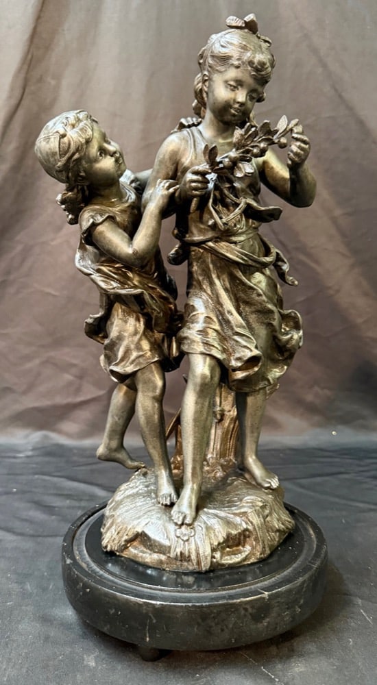 AUGUSTE MOREAU (1834-1917) FRENCH FIGURAL BRONZE SCULPTURE ON MARBLE BASE, 16IN x 8IN x 8IN (41cm x: This charming late, 19th-century French figural sculpture by Auguste Moreau, one of the celebrated Moreau family of Romantic-era sculptors, depicts two young girls gathered in a moment of tender 