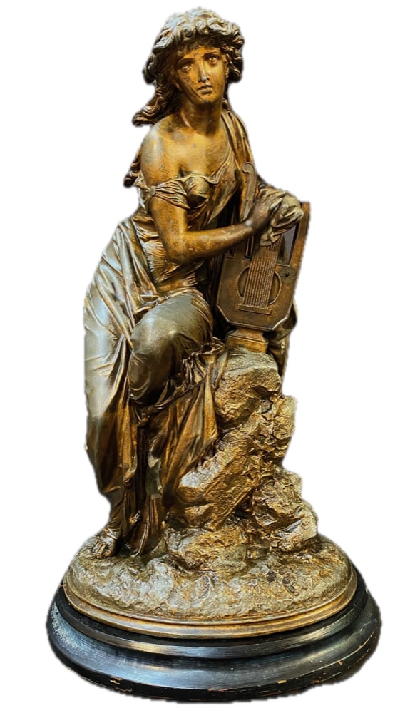 ANTIQUE BRONZE STATUE OF GREEK MUSE ERATO WITH LYRE ON WOODEN PEDESTAL, 8IN x 9IN x 21IN (20cm x (1 of 7)