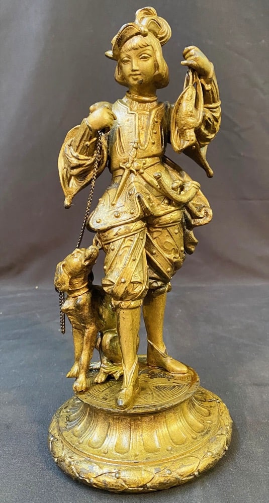 SPELTER FIGURINE STATUE OF A HUNTER WITH DOG, 12IN TALL (30.5cm) (1 of 8)