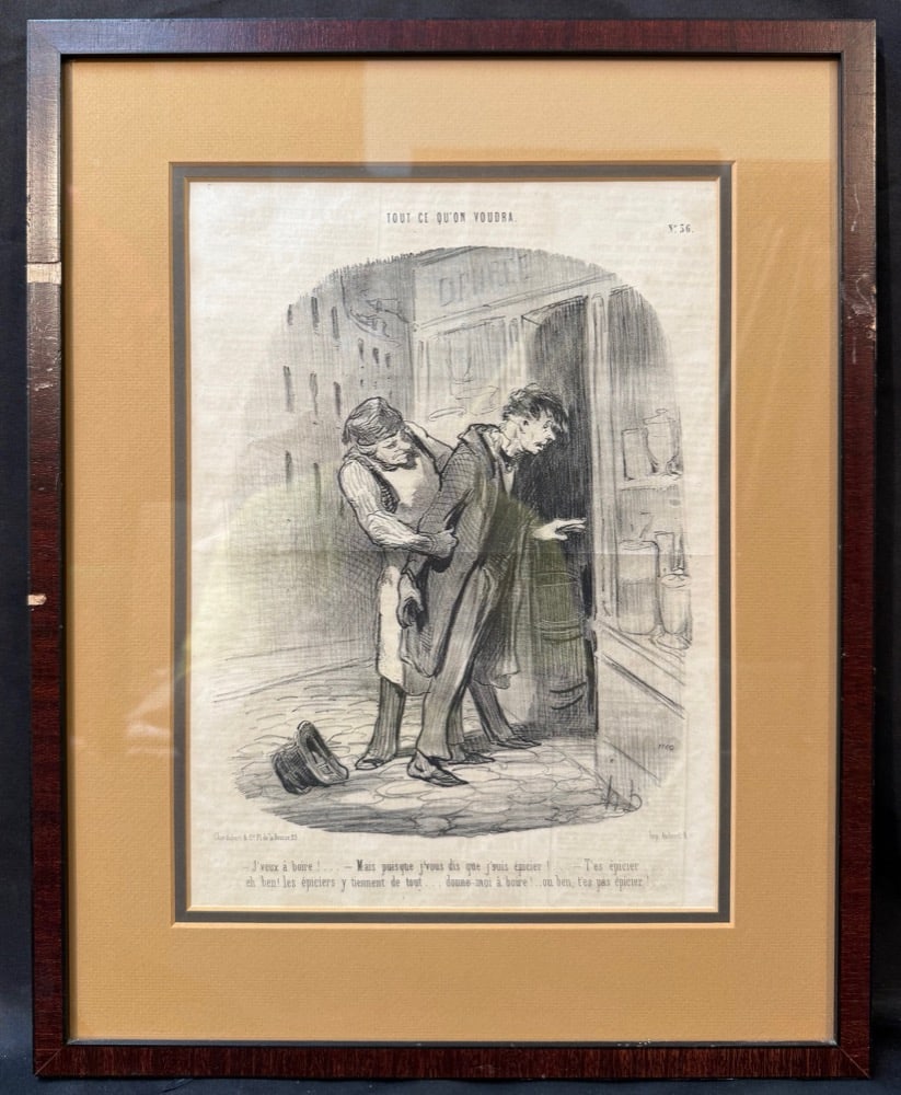HONORE DAUMIER (1808-1879) ORIGINAL LITHOGRAPH TITLED J?VEUX A BOIRE, 14.5IN x 18IN (37cm x 46cm): Honore Daumier original lithograph titled J’veux a Boire, part of the Tout Ce Qu’on Voudra series. This was produced in 1849 in Le Charivari. This piece is double matted and framed in a wo