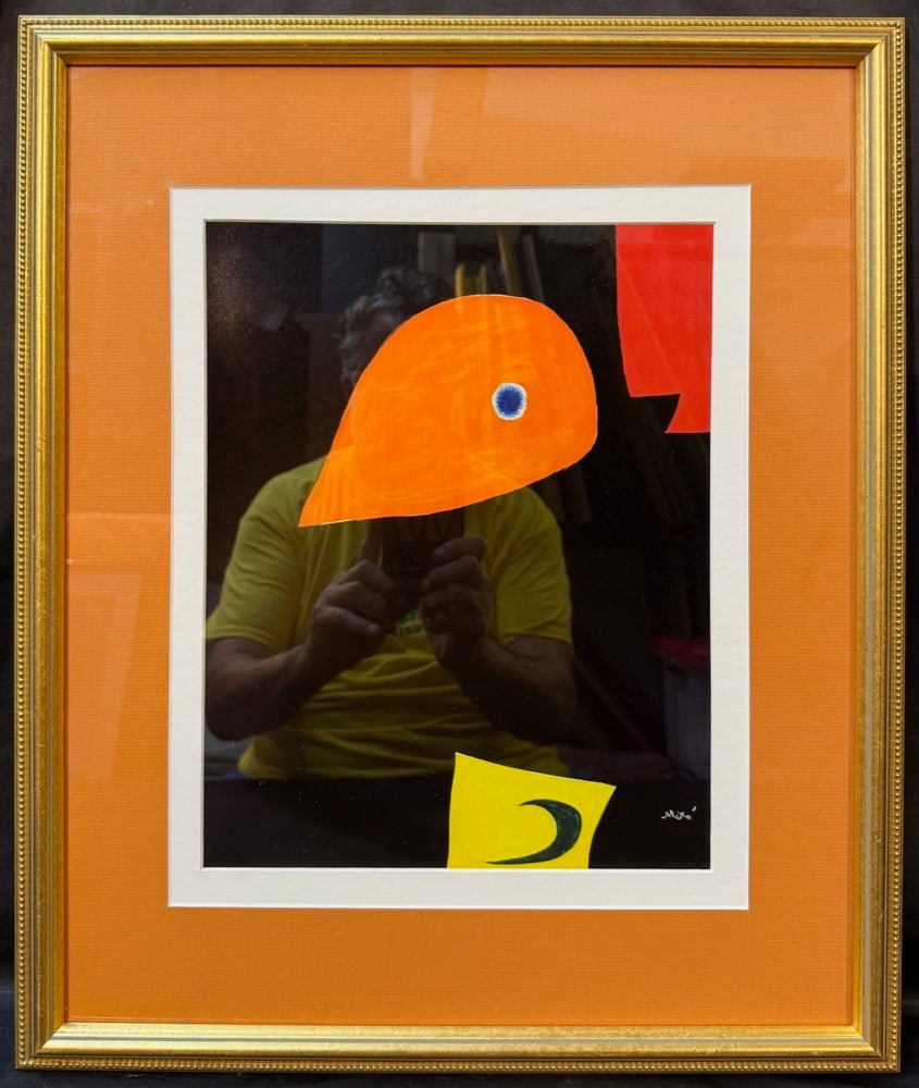 JOAN MIRO (1893-1983) ORIGINAL LITHOGRAPH TITLED TETE, 17.5IN x 21IN (44cm x 53cm): Original lithograph by Spanish artist Joan Miro (1893-1983) titled Tete, and it was produced in 1978 by Galerie Maeght in Paris. It is double matted and framed in a golden frame, and with frame it mea