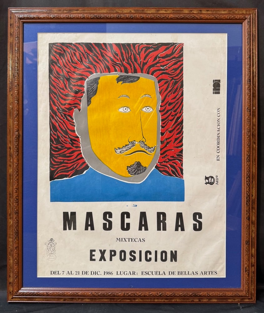 FRANCISCO TOLEDO (1940-2019) ORIGINAL EXHIBITION POSTER FOR MASCARAS MIXTECAS, 22IN x 26IN (56cm x: Original Francisco Toledo (1940-2019) poster for the 1986 exhibition titled Mascaras Mixtecas, which was held at the Escuela de Bellas Artes in Oaxaca, Mexico. The exhibition focused on tradition