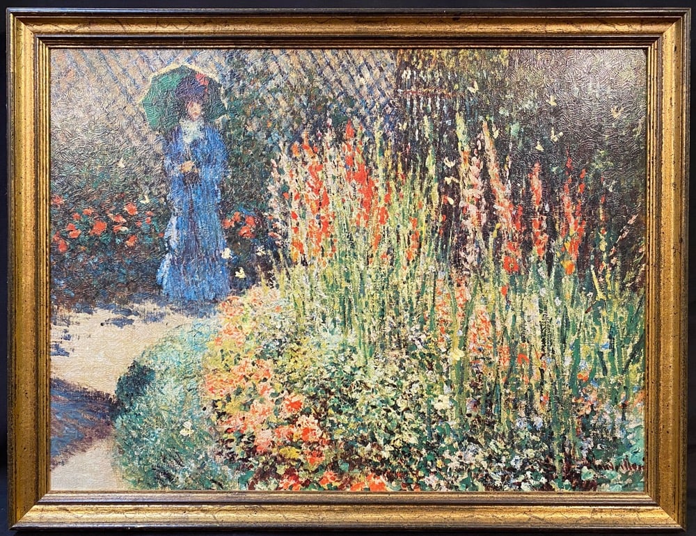 CLAUDE MONET (1840-1926) TEXTURED REPRODUCTION PRINT TITLED CORBEILLE DE FLEURS, 20IN x 25IN (51cm x: Claude Monet (1840-1926) textured reproduction print titled Corbeille De Fleurs, after the original which was painted in 1876. It is mounted and framed in a golden frame. With frame, it measures 20 in