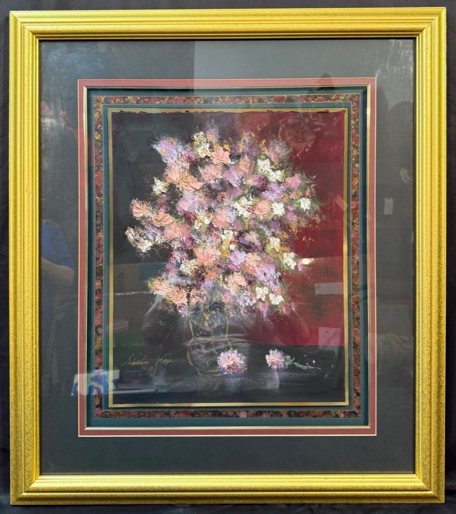 STEPHEN KAYE (20TH CENTURY) HAND SIGNED, ABSTRACT TEXTURED, FLORAL PRINT, 30IN x 34IN (76cm x 86cm): A hand signed abstract floral textured print by Canadian artist Stephen Kaye (20TH Century). This piece is hand signed in golden marker in the lower left corner, and it was produced on handmade paper.