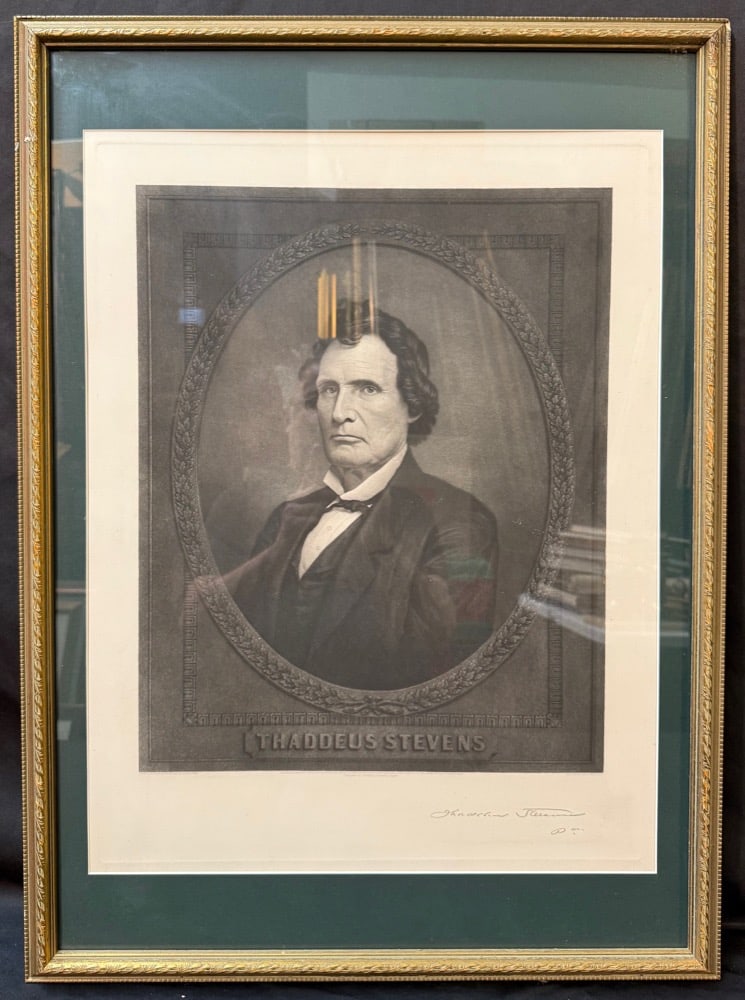 THADDEUS STEVENS (1792-1868), IMPORTANT CIVIL WAR ERA PORTRAIT ENGRAVING BY JOHN SARTAIN,: Striking Civil War-era political portrait engraving of Thaddeus Stevens, one of the most influential figures in the United States Congress during the American Civil War and Reconstruction period. The 
