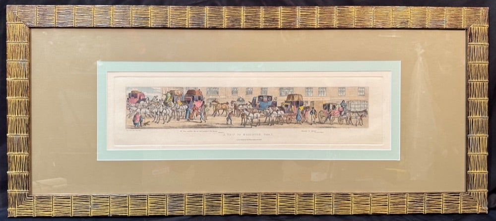 JOHN DEAN PAUL (1775-1852) ETCHING AND HAND COLORED AQUATINT TITLED A TRIP TO BRIGHTON. PLATE 1.: John Dean Paul (1775-1852) etching and hand colored aquatint shows full plate indents and was printed on cream stock paper. This piece is titled A Trip to Brighton, Plate 1. This piece was published i