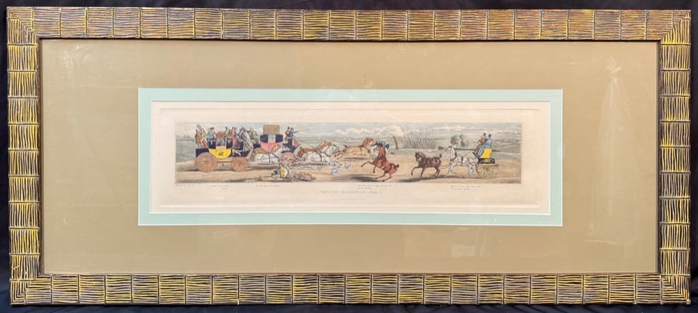 JOHN DEAN PAUL (1775-1852) ETCHING AND HAND COLORED AQUATINT TITLED A TRIP TO BRIGHTON. PLATE 2.: John Dean Paul (1775-1852) etching and hand colored aquatint shows full plate indents and was printed on cream stock paper. This piece is titled A Trip to Brighton, Plate 2. This piece was published i
