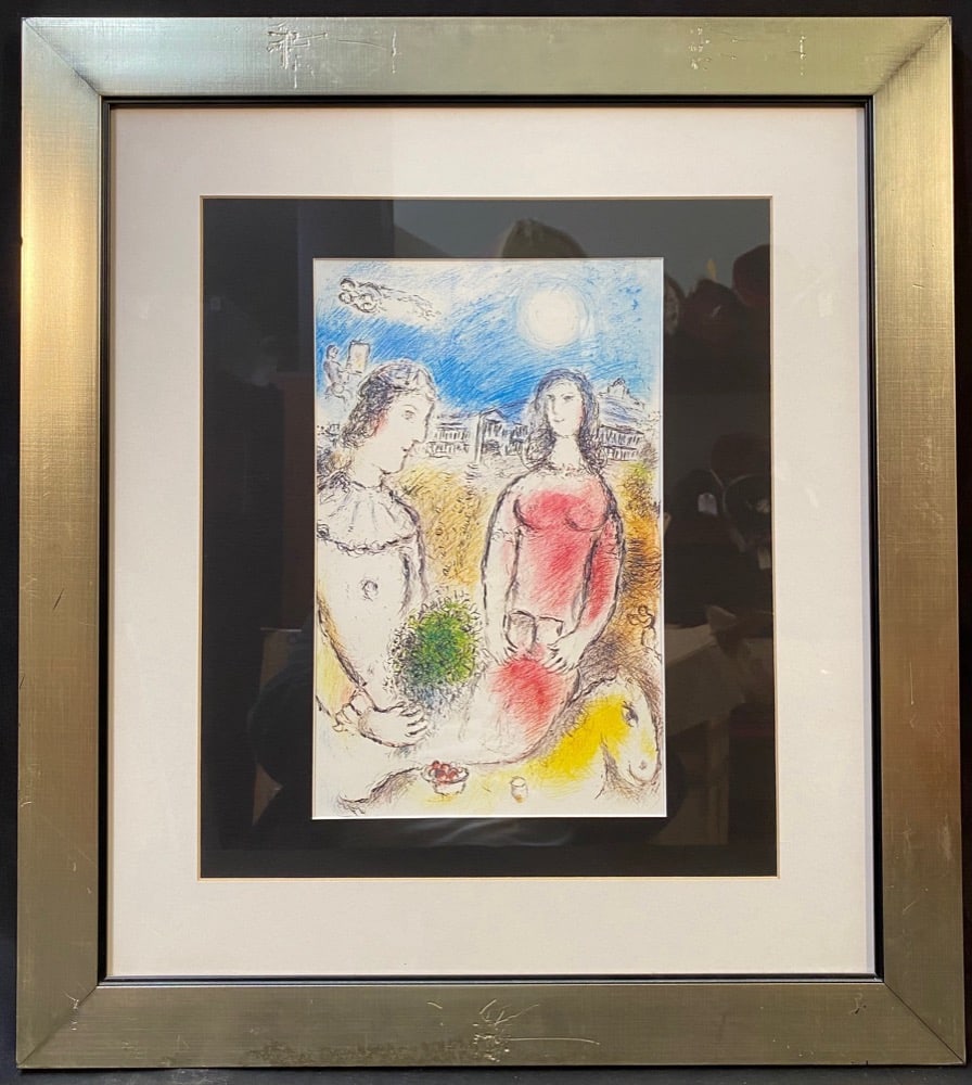 MARC CHAGALL (1887-1985) ORIGINAL LITHOGRAPH TITLED LE COUPLE AU CREPUSCULE, 21.5IN x 24IN (55cm x: Marc Chagall (1887-1985) original, limited-edition lithograph. It is titled Le Couple Au Crepuscule, and it was produced by Maeght Editeur, Paris for Derriere Le Mirior number 246. This piece was prod
