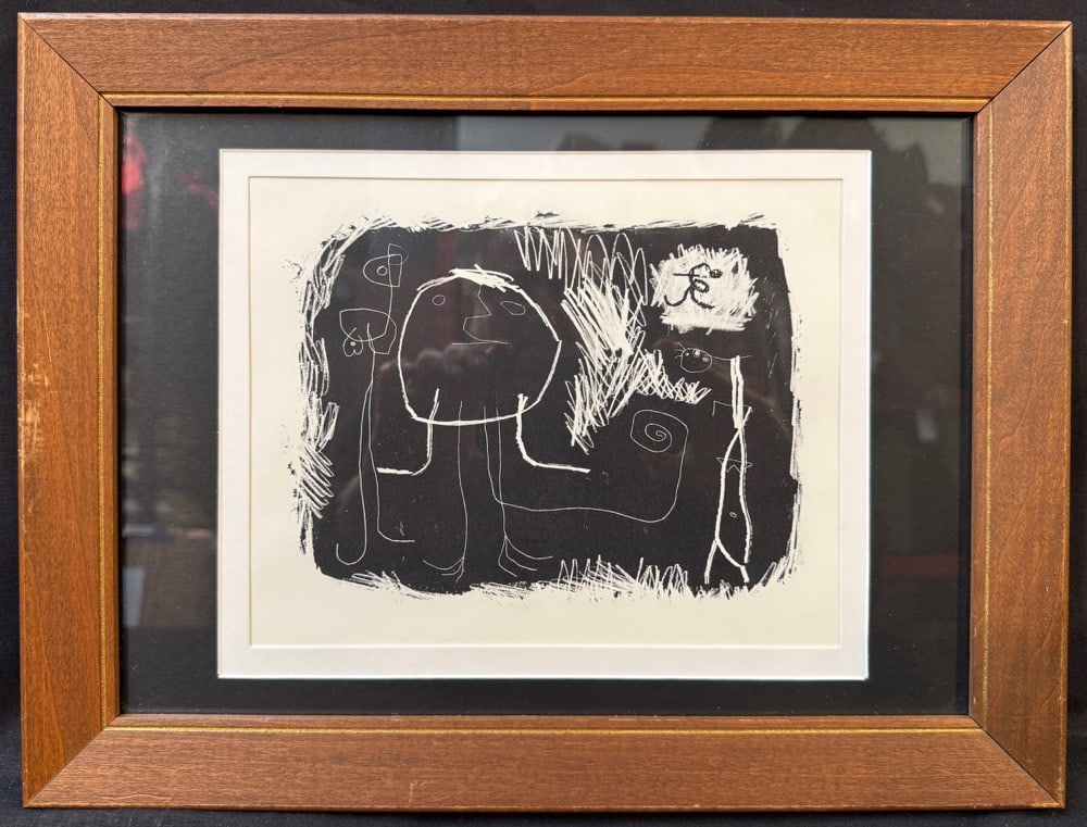 JOAN MIRO (1893-1983) LITHOGRAPH TITLED PERSONNAGE DANS LE SOLEIL, 12.5IN x 15.5IN (32cm x 39cm): Lithograph by Spanish artist Joan Miro (1893-1983) titled Personnage dans le Soleil, after the original which was produced in 1948. This piece was made in 1958 in New York. It is double matted and fra