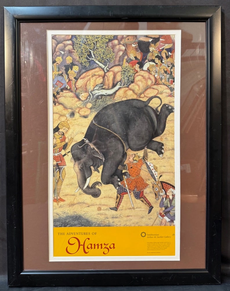 ORIGINAL ADVENTURES OF HAMZA SMITHSONIAN EXHIBIT POSTER, 20.5IN x 26.5IN (52cm x 67cm): Original Adventures of Hamza exhibition poster for the Smithsonian in Washington DC in 2002. The underlying piece used for the poster is titled Lifting an Elephant Single-Handedly. Farrukh-Nizhad So A