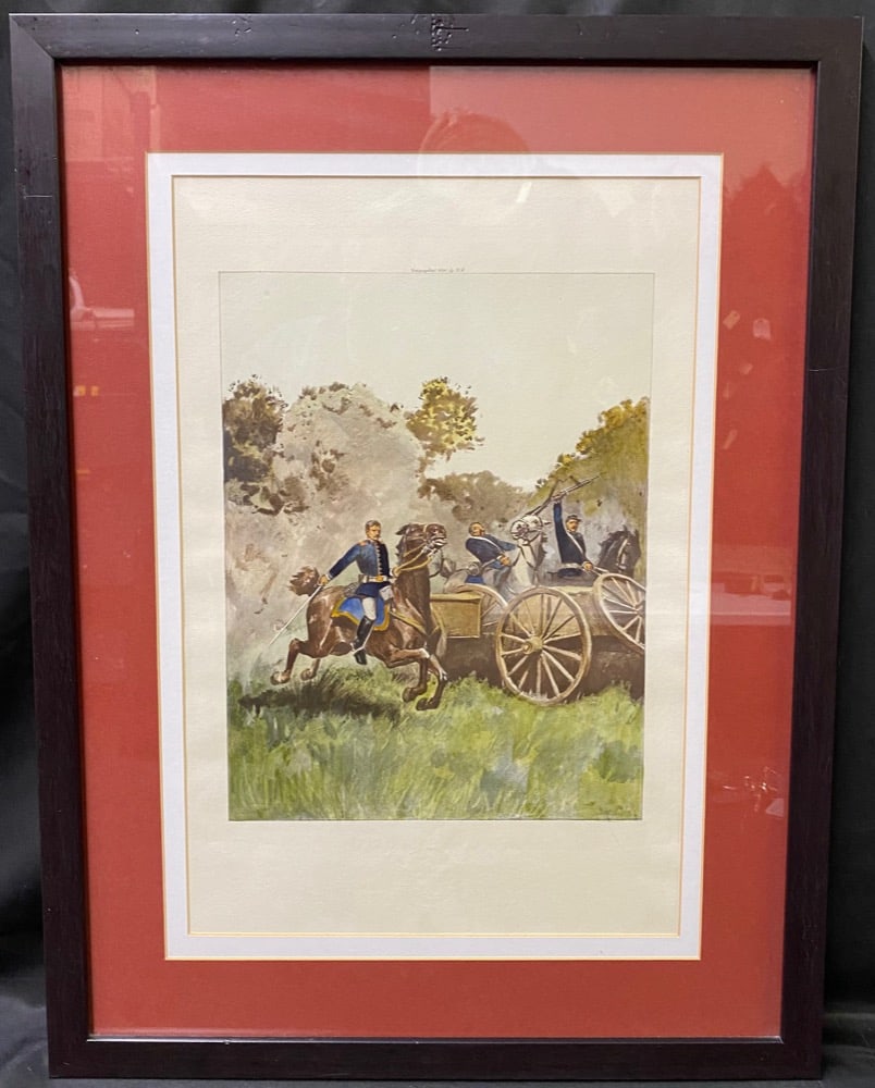 ANDRE CASTAIGNE (1860-1930) ORIGINAL, HAND COLORED COLLOTYPE TITLED CAPTAIN AND TROOPERS, 1861,: Andre Castaigne )1860-1930) original, hand colored collotype titled Captain and Troopers, 1861. It is after the original, and it was printed by Philadelphia print maker George Barrie Esq in 1891 for t