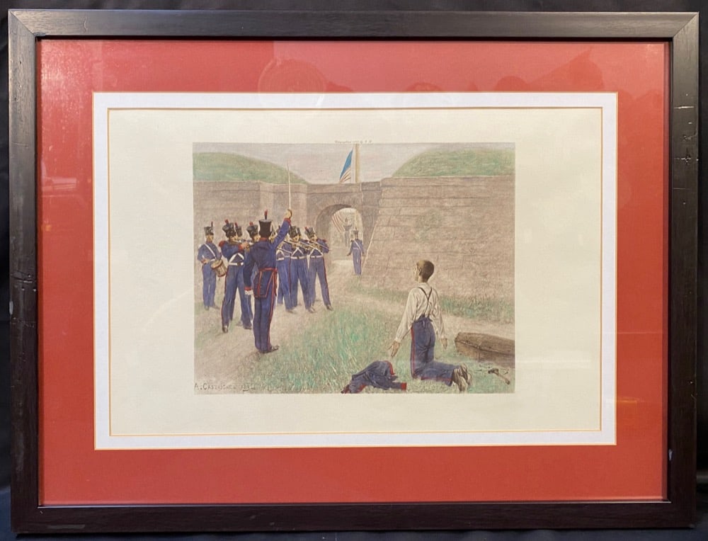 ANDRE CASTAIGNE (1860-1930) ORIGINAL, HAND COLORED COLLOTYPE TITLED EXECUTION OF A DESERTER, 18.5IN: Andre Castaigne )1860-1930) original, hand colored collotype titled Execution of a Deserter. It is after the original, which was painted in 1892, and was later printed by Philadelphia print maker Geor