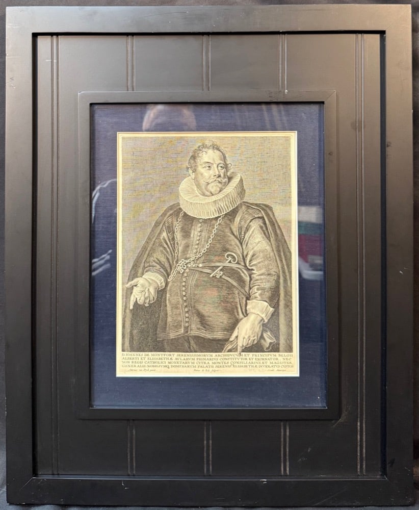 OLD MASTER ENGRAVING PORTRAIT OF IOANNES DE MONFORT, AFTER ANTHONY VAN DYCK?S FLEMISH BAROQUE COURT: A striking Old Master–style engraved portrait of Ioannes (Jan) de Montfort, a prominent court official of the Spanish Netherlands, executed after a composition by Anthony van Dyck and engraved b