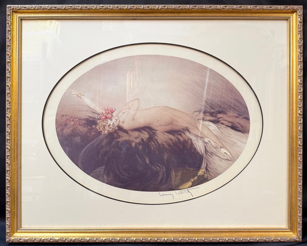 LOUIS ICART (FRENCH, 1888-1950) "VENUS" ART DECO FIGURAL PRINT, 22IN x 28IN (56cm x 71cm): Elegant Art Deco figural print after the celebrated French artist Louis Icart, depicting his iconic composition "Venus". The work portrays Venus reclining upon a luxurious fur pelt. This is a symbolic