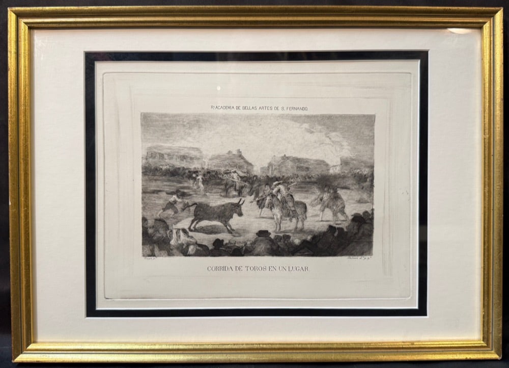 FRANCISCO JOSE DE GOYA Y LUCIENTES (1746-1828), ETCHING OF CORRIDA DE TOROS EN UN LUGAR, 13IN x: Etching and aquatint of painting by Spanish artist Francisco Jose de Goya y Lucientes (1746-1828) titled Corrida de Toros en un Lugar (Bullfight in a Village). The etching was done by the famous engra