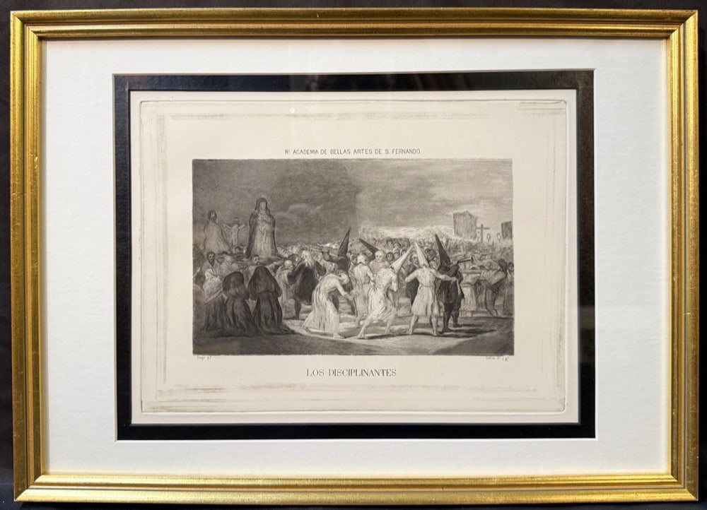 FRANCISCO JOSE DE GOYA Y LUCIENTES (1746-1828), ETCHING OF LOS DISCIPLINANTES, 13IN x 17.75IN (33cm: Etching and aquatint of painting by Spanish artist Francisco Jose de Goya y Lucientes (1746-1828) titled Los Disciplinantes (The Discipliners). The etching was done by the famous engraver Jose Maria G