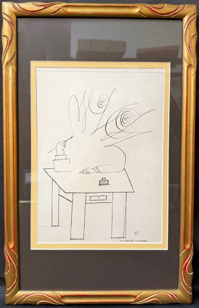 SAUL STEINBERG (1914-1999) LITHOGRAPH TITLED INK, 13.5IN x 21.5IN (34cm x 55cm): Saul Steinberg (1914-1999) lithograph titled Ink. It is after the original which was drawn in 1945. This lithograph was produced in 1977 in Paris by Gallery Maeght Paris for Derriere le Mirior. It is 