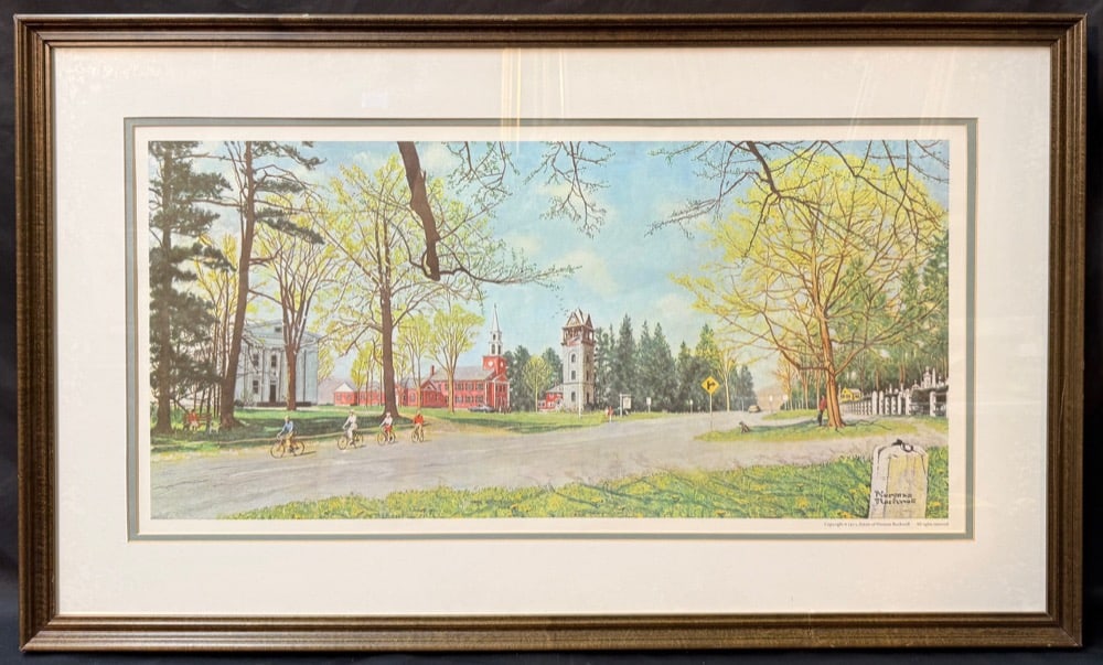 LARGE FRAMED NORMAN ROCKWELL AMERICANA STREET SCENE LITHOGRAPH, 1971, PANORAMIC WALL ART,: A beautifully composed panoramic Americana scene after Norman Rockwell, capturing the timeless charm of small-town New England life—sunlit trees, cyclists passing through a quiet street, and his