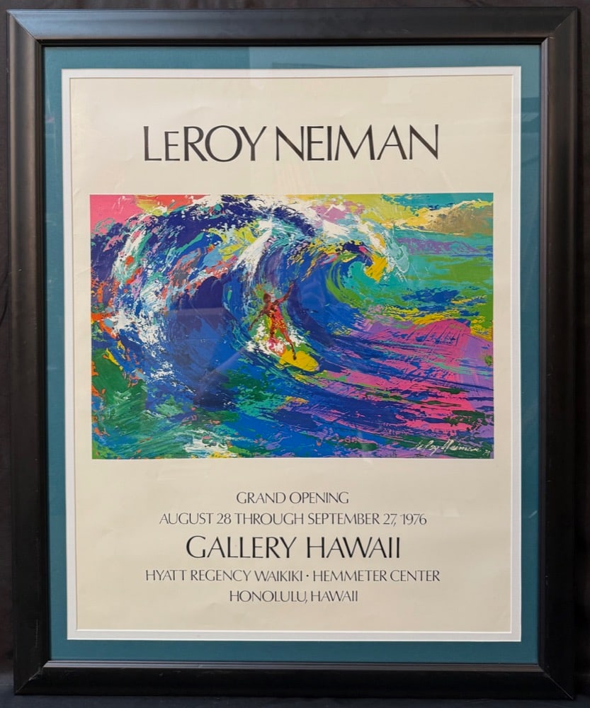 ORIGINAL LEROY NEIMAN (1921-2012) GALLERY HAWAII ART EXHIBITION POSTER, 30IN x 36.5IN (76cm x 93cm): Leroy Neiman (1921-2012) original exhibition poster for the grand opening of Gallery Hawaii in 1976. The poster features one of Neiman's iconic surfing paintings, often referred to as "Hawaiian Surfer