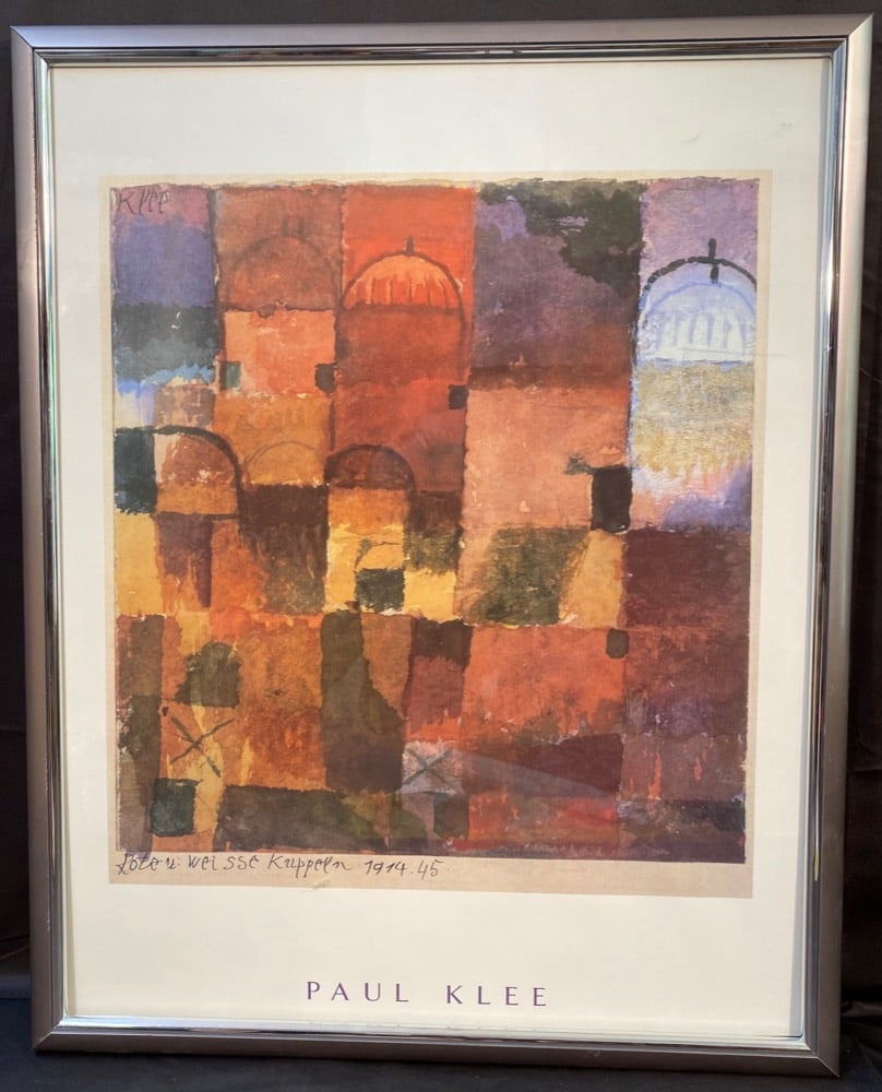 PAUL KLEE (1879-1940) COLOR LITHOGRAPH TITLED ROTE WEISSE KUPPELN 1914.45 ? 24IN x 30IN: Paul Klee (1879-1940) color lithograph titled Rote Weisse Kuppeln Or Red White Cupolas after the original which was painted in 1914. It is framed under glass and it measures 24 inches x 30 inches. Thi