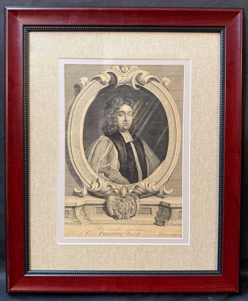 COPPERPLATE ENGRAVING PORTRAIT OF PHILIP BISSE, EARLY 18th CENTURY, 19IN x 23.5IN (48cm x 60cm): This formal copperplate engraving depicts Philip Bisse, an Anglican clergyman who served as Bishop of Hereford from 1713 until his death in 1721. This piece is believed to be an origina