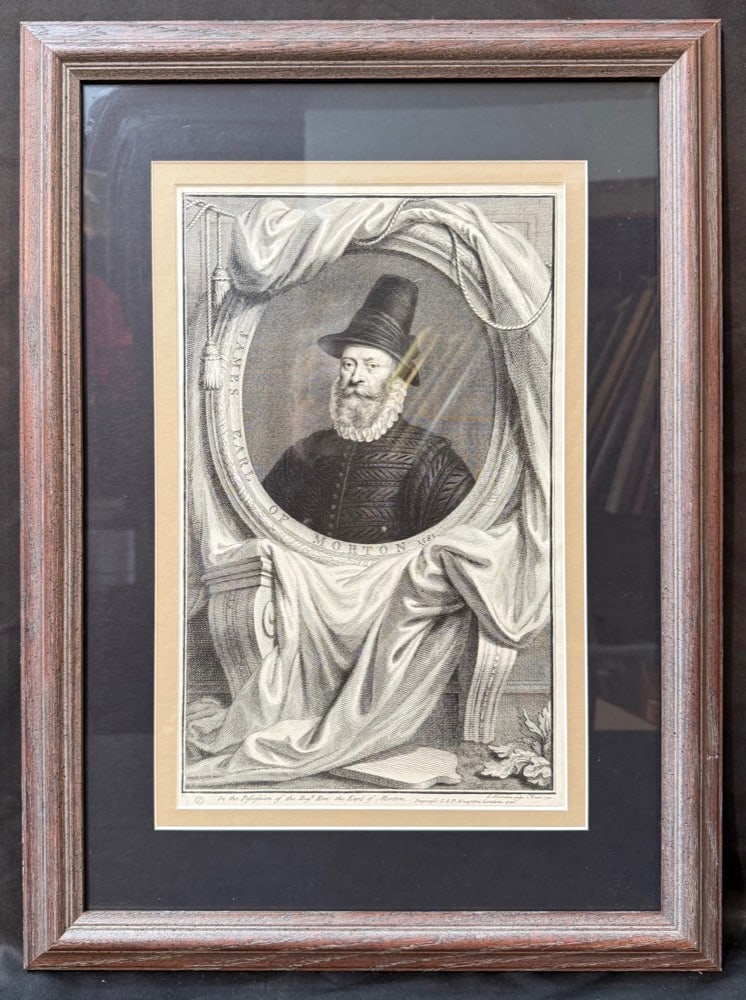 JACOBUS HOUBRAKEN (1698-1780) COPPERPLATE ENGRAVING OF JAMES DOUGLAS, 4TH EARL OF MORTON, 17IN x: This finely executed, 18th-century engraving depicts James Douglas, 4th Earl of Morton, a powerful Scottish nobleman and statesman who served as Regent of Scotland from 1572 to 1578 dur