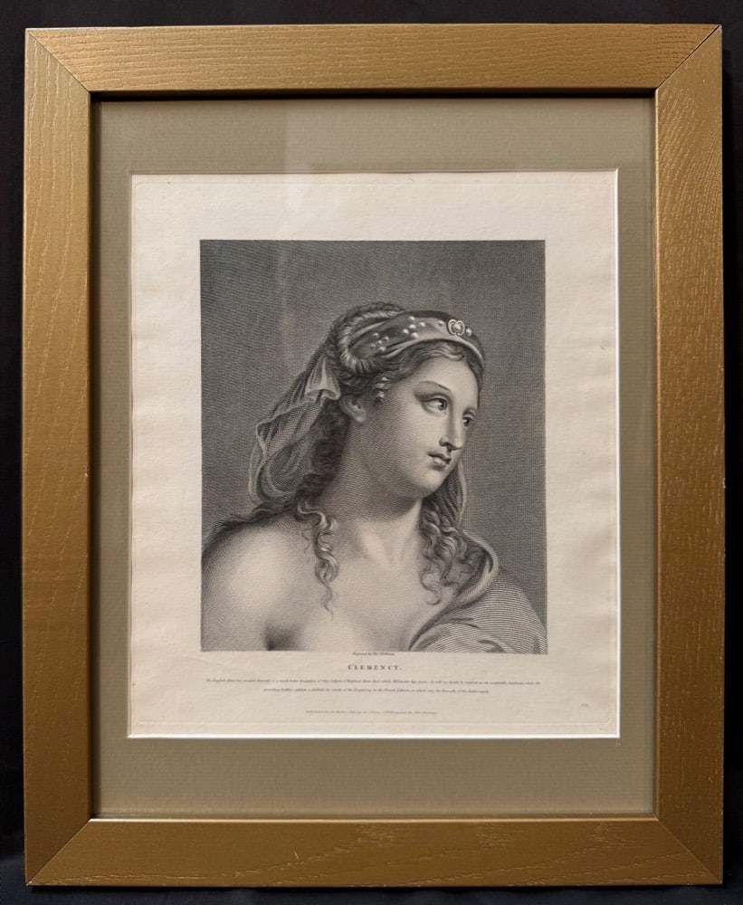 THOMAS HOLLOWAY (1748-1827) 18th CENTURY ENGRAVING TITLED CLEMENCY, 13IN x 16IN (33cm x 41cm): This refined late-18th-century engraving titled Clemency by Thomas Holloway (1748-1827). Holloway was one of the most accomplished English engravers of the Enlightenment period. This engrave