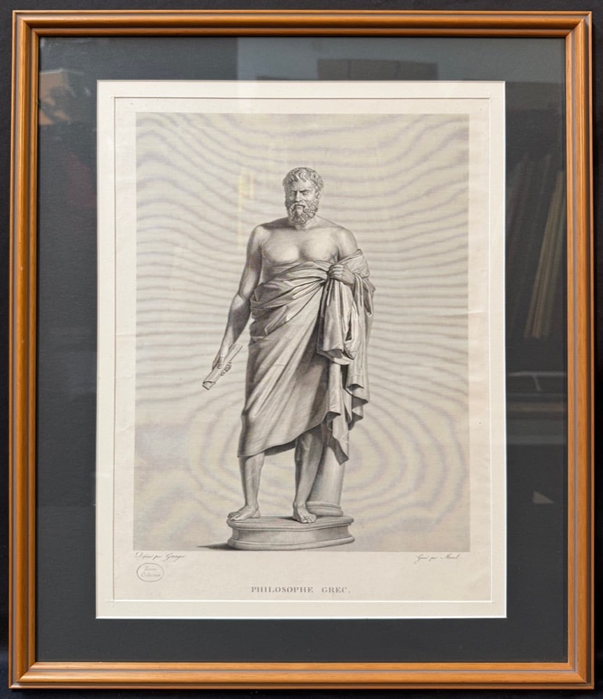 ANTIQUE ENGRAVING AFTER JEAN-JACQUES GRANGER, ENGRAVED BY MORLOT TITLED PHILOSOPHE GREC, 18.5IN x: A finely executed French academic engraving titled Philosophe Grec (Greek Philosopher), after a drawing by Jean-Jacques Granger, and engraved by Morlot. This piece was printed circ